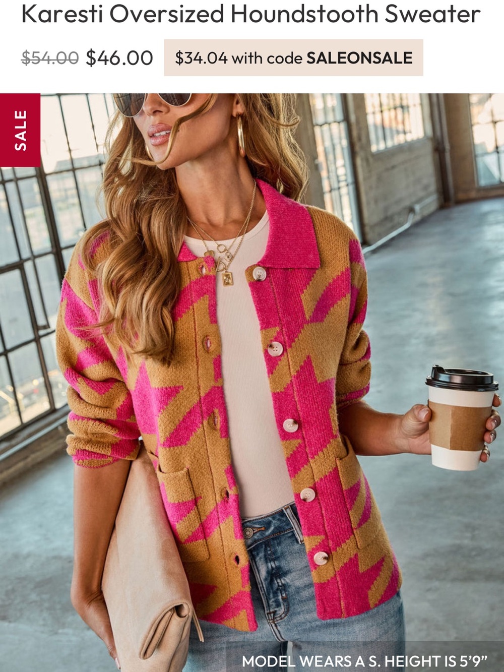 Vici Karesti Oversized Houndstooth Sweater Cardigan XS